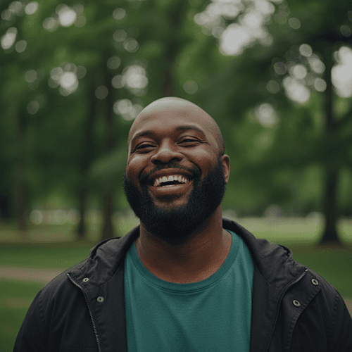 Bearded man laughing outdoors in a park