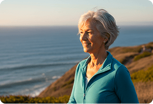 Woman with grey hair looking out over the ocean