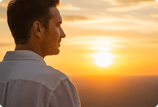 Man watching the sun set over open water