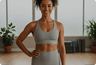 Woman in athletic wear standing in a bright room