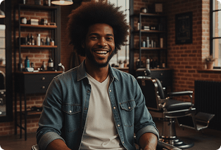 Smiling man with curly hair in a barbershop