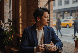 Man holding a coffee cup beside a cafe window