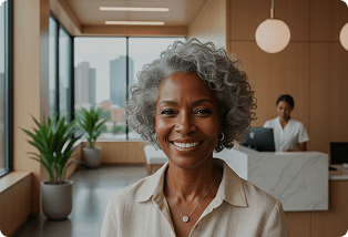 Smiling woman with grey hair in a bright lobby