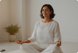 Woman meditating cross-legged in a bright room